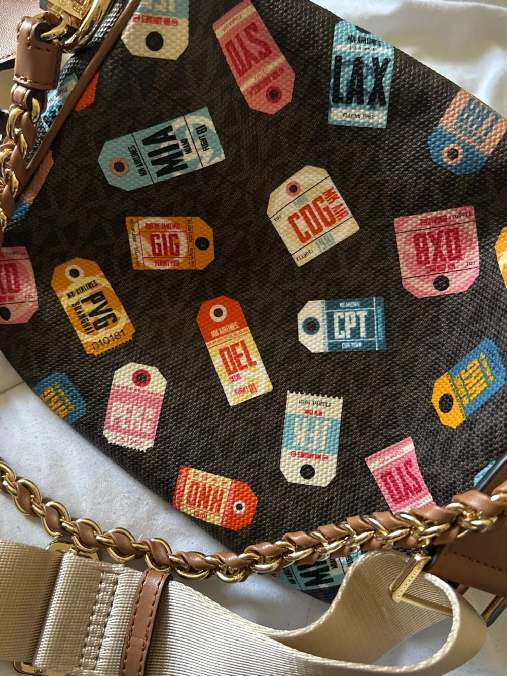 Michael Kors Brown Crossbody with Colorful Ticket-Print